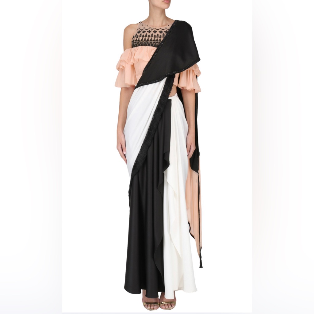Shashank Arya, Black And White Saree With Ruffle Blouse Set.